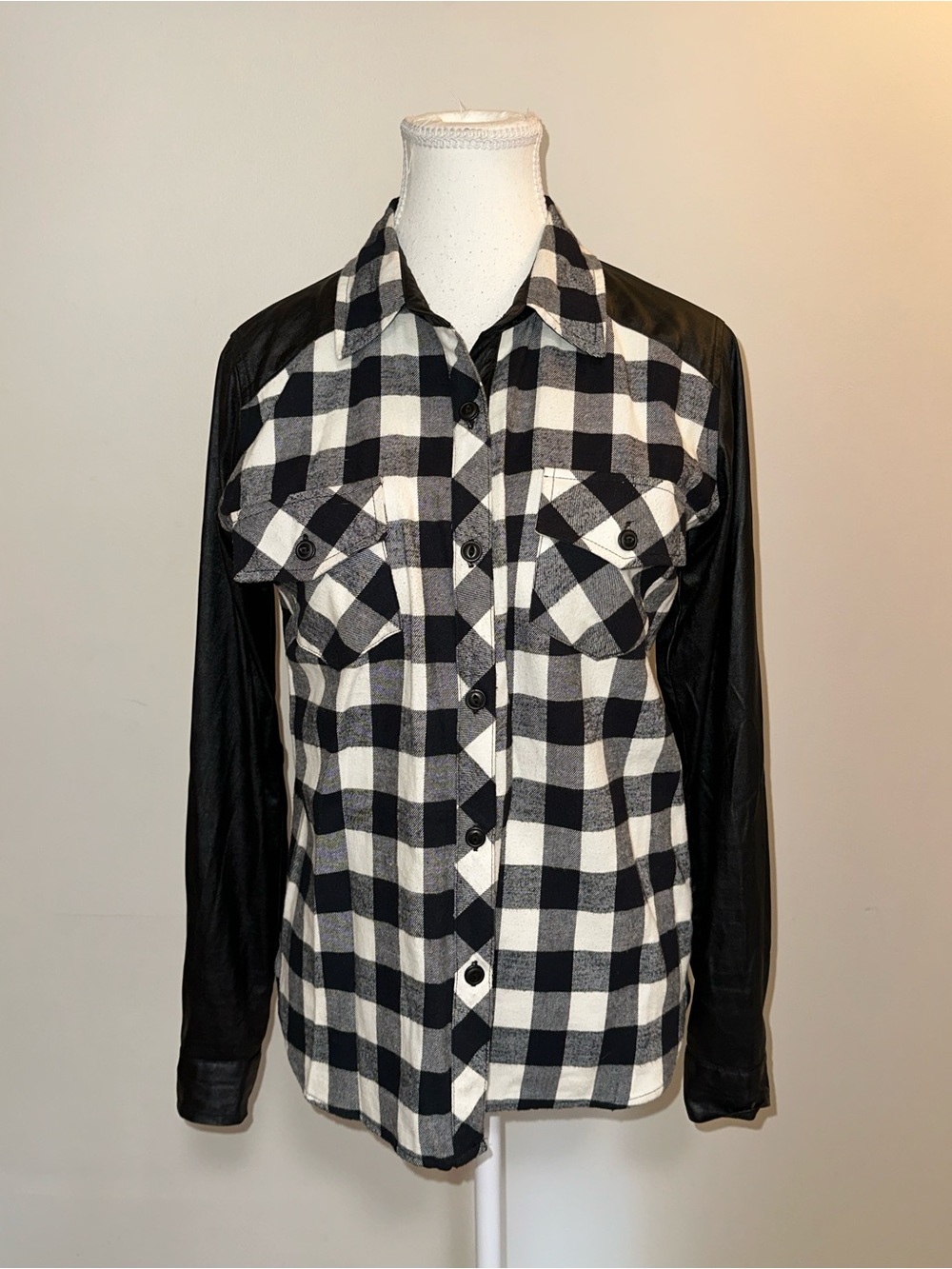 Generation Love Black and White Plaid Collar Jacket with Faux Leather Trim